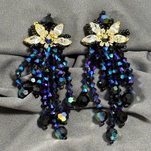 Vintage Lois Ann Dangle Clip Earrings Navy Dark Sapphire Blue Rhinestone Crystal